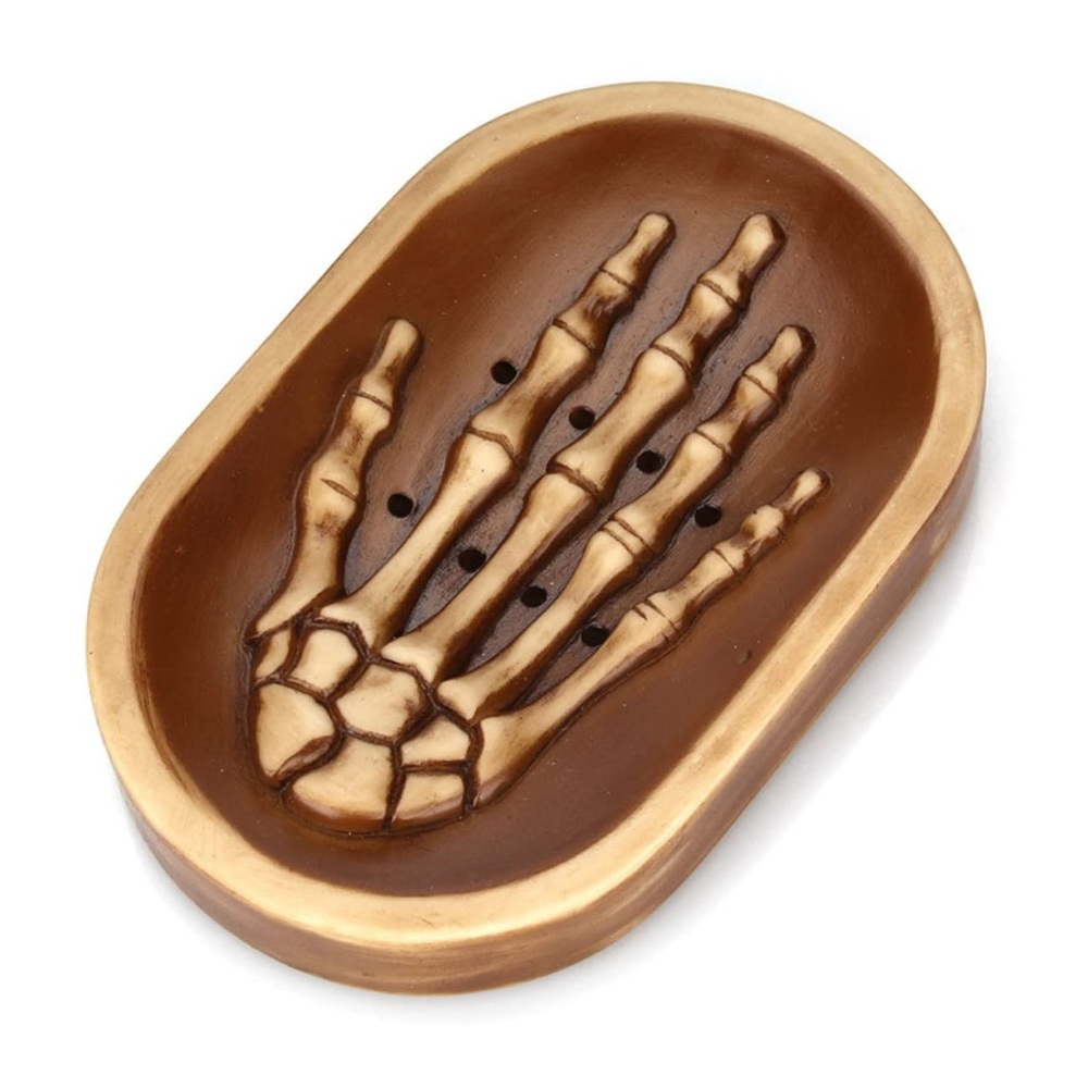 Resin Skeleton Hand Soap Dish Holder in Brown Coffee Color with Drain Holes